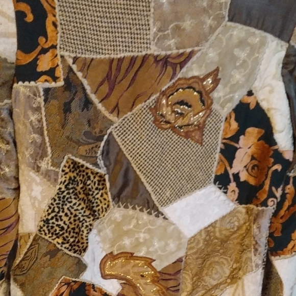 Alex Kim Patchwork Quilted Brown Gold Animal Print Floral Jacket Blazer Size S - Picture 8 of 10